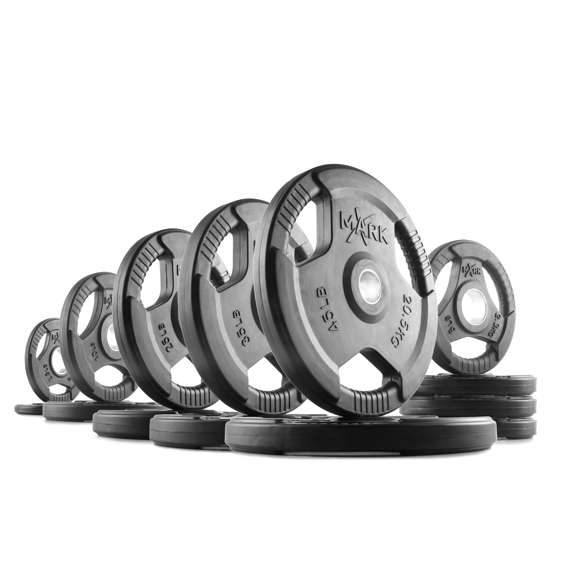 255 lb set of XMark Tri‑Grip Olympic weight plates