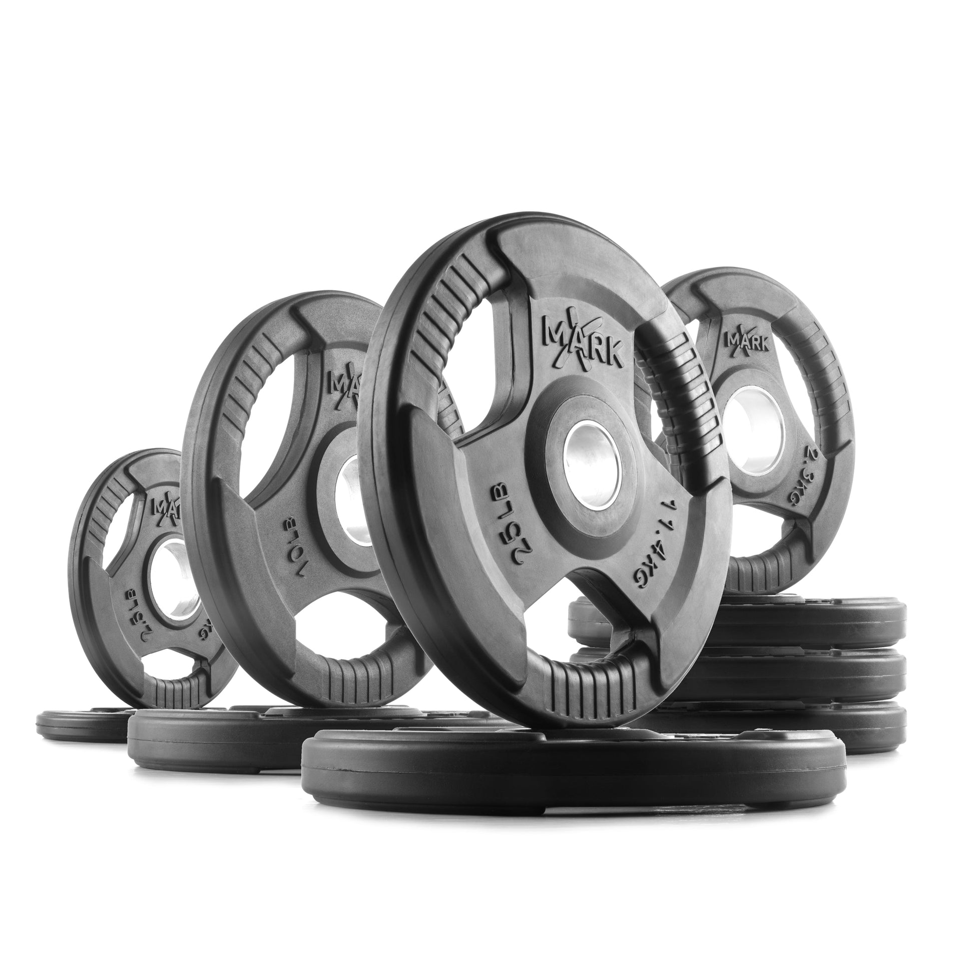 95 lb set of XMark Tri‑Grip Olympic weight plates