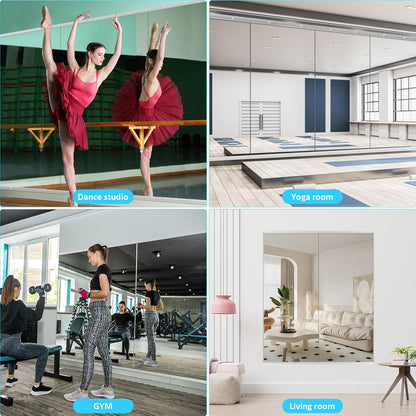 Collage image showing the Yarnuwa frameless full-length mirror in a home gym, bedroom, hallway, and dance studio for versatile use