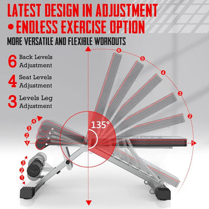 YOLEO Adjustable Weight Bench with 6 adjustable positions for incline, decline, or flat bench workouts.